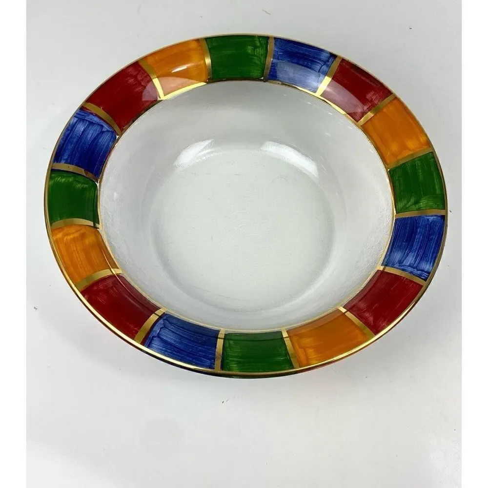 Handpainted Colorful Gold Rim Clear Glass Serving Bowl 13in W x 4in H BC1545